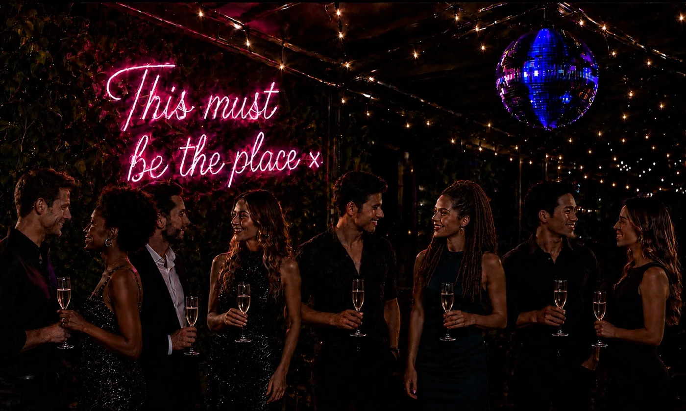 Premium night event atmosphere with guests, neon sign and disco ball