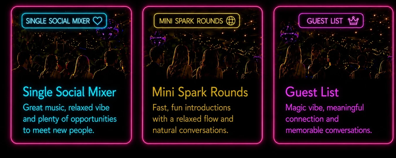 Single Social Mixer, Mini Spark Rounds and Guest List event options